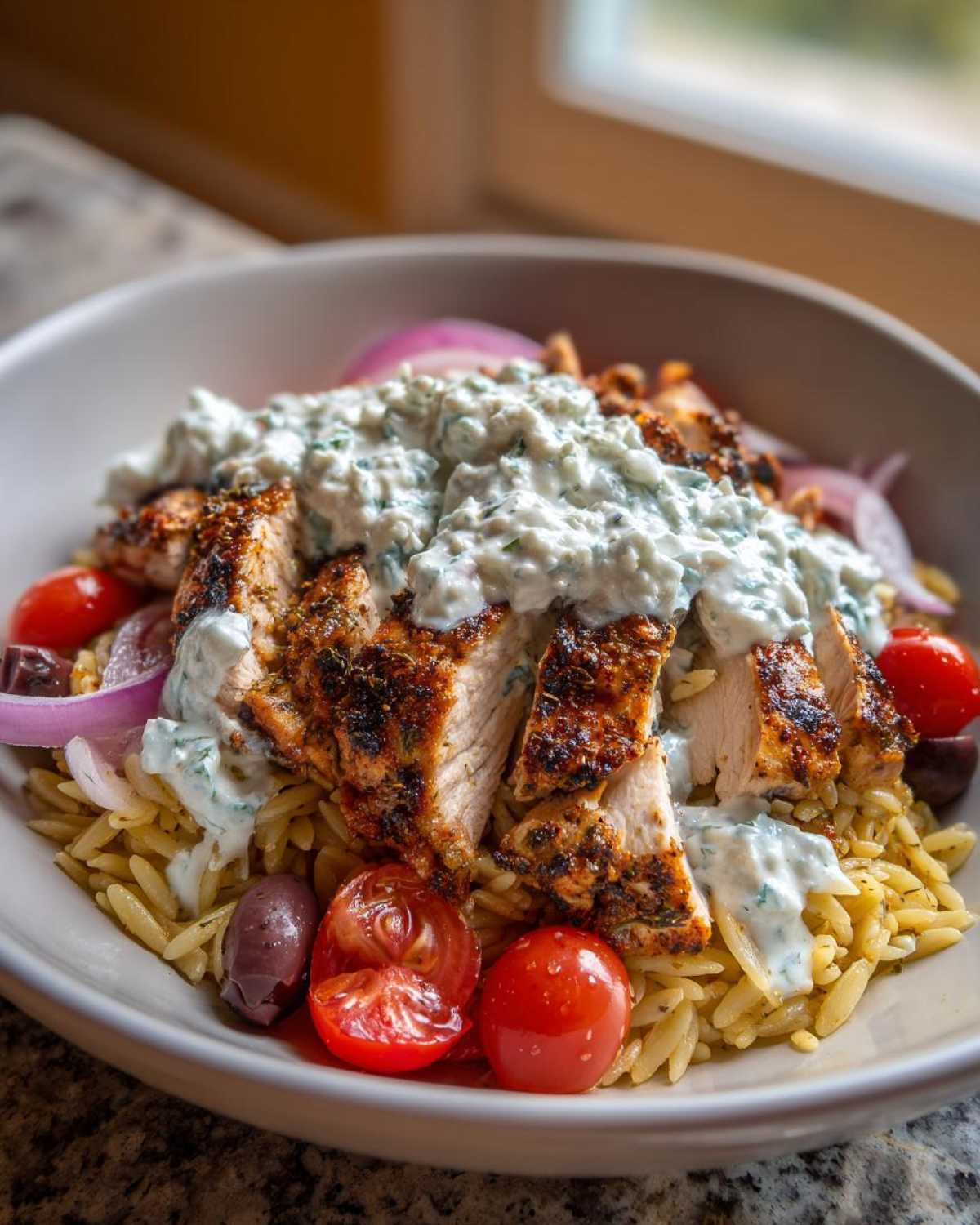 Close-up of ultimate chicken tzatziki bowls featuring sliced seasoned chicken over orzo pasta, topped with creamy tzatziki sauce.