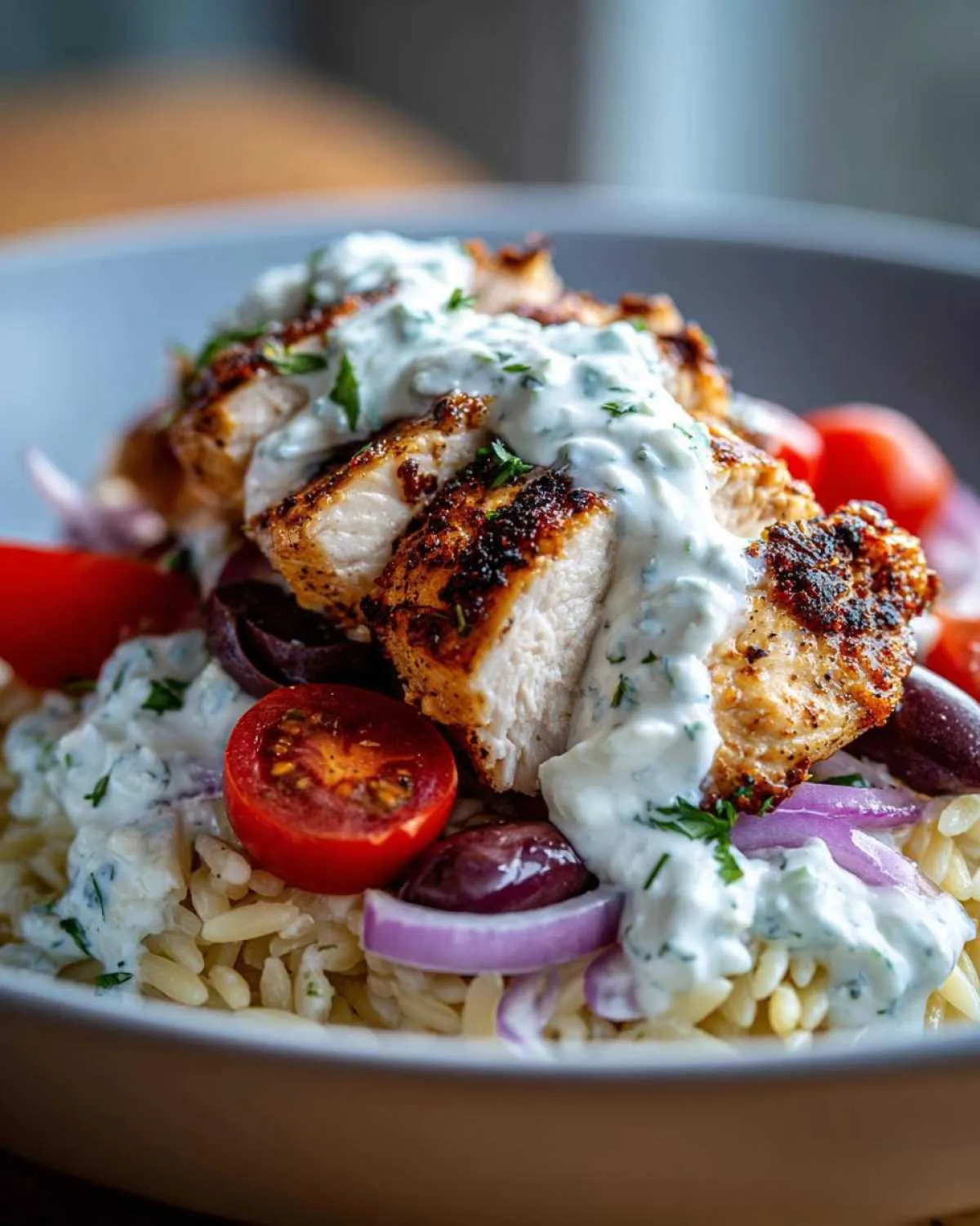 Close-up of sliced seasoned chicken topped with tzatziki sauce in ultimate chicken tzatziki bowls with orzo, tomatoes, and red onion.
