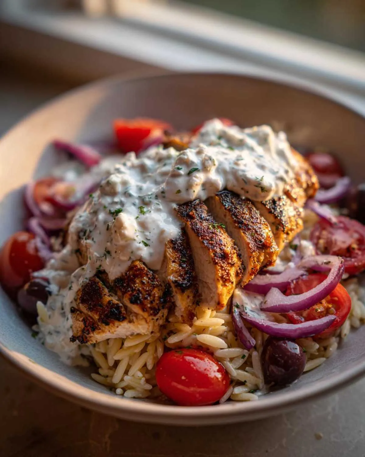 Close-up of ultimate chicken tzatziki bowls featuring sliced seasoned chicken over orzo, topped with creamy tzatziki sauce, tomatoes, and red onion.