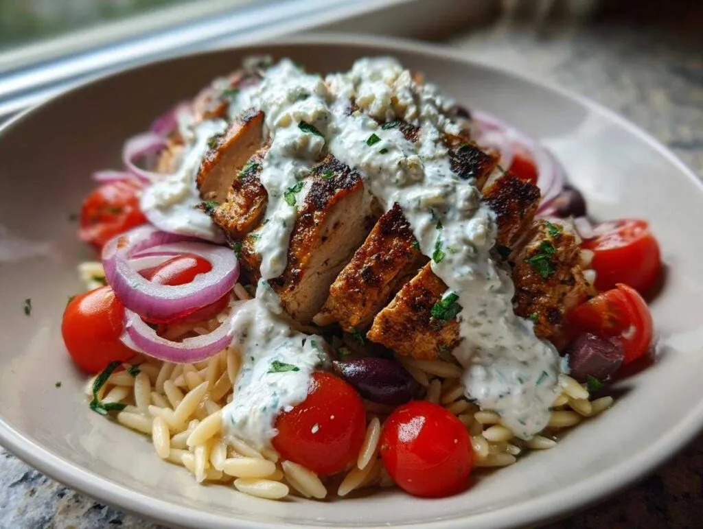 Close-up of ultimate chicken tzatziki bowls featuring sliced grilled chicken, creamy tzatziki sauce, orzo pasta, tomatoes, and red onion.