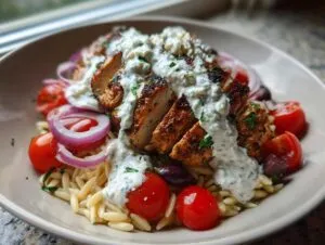 Close-up of ultimate chicken tzatziki bowls featuring sliced grilled chicken, creamy tzatziki sauce, orzo pasta, tomatoes, and red onion.