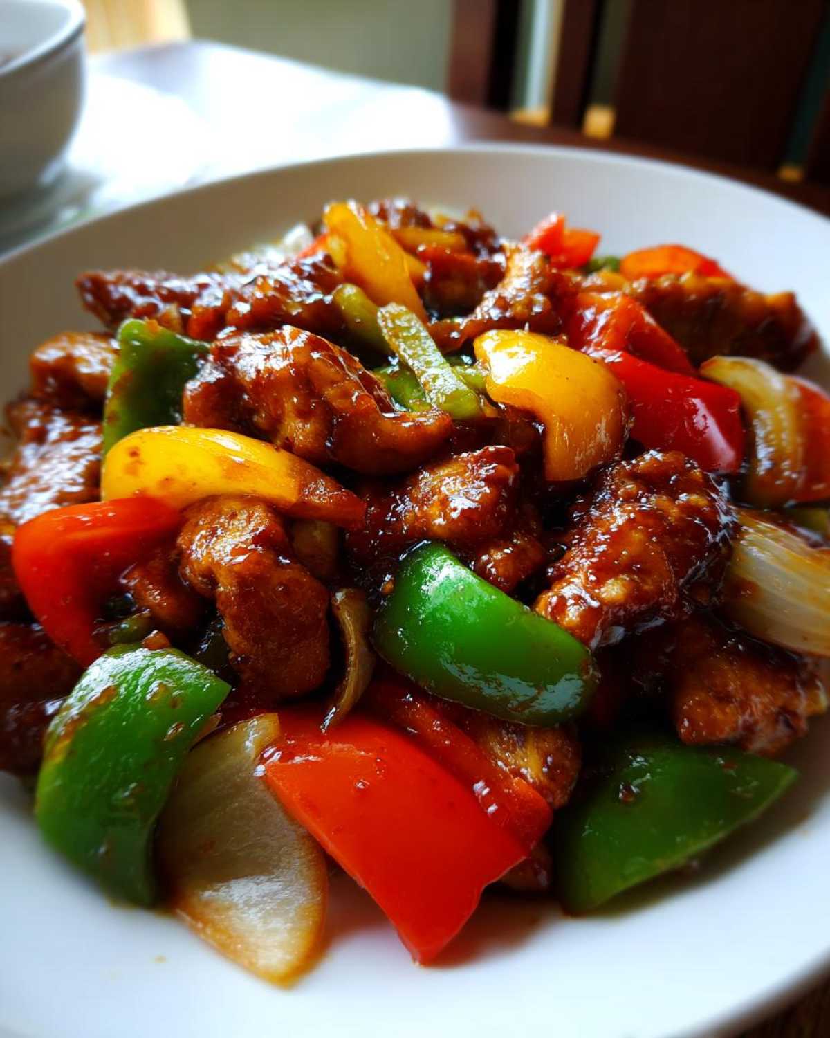 Close-up of a bowl filled with glossy, saucy pepper chicken stir fry featuring chunks of chicken and colorful bell peppers.