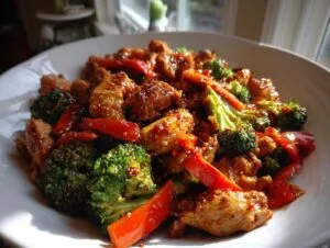 Close-up of a vibrant teriyaki chicken stir fry featuring glazed chicken pieces, bright green broccoli florets, and red bell peppers.