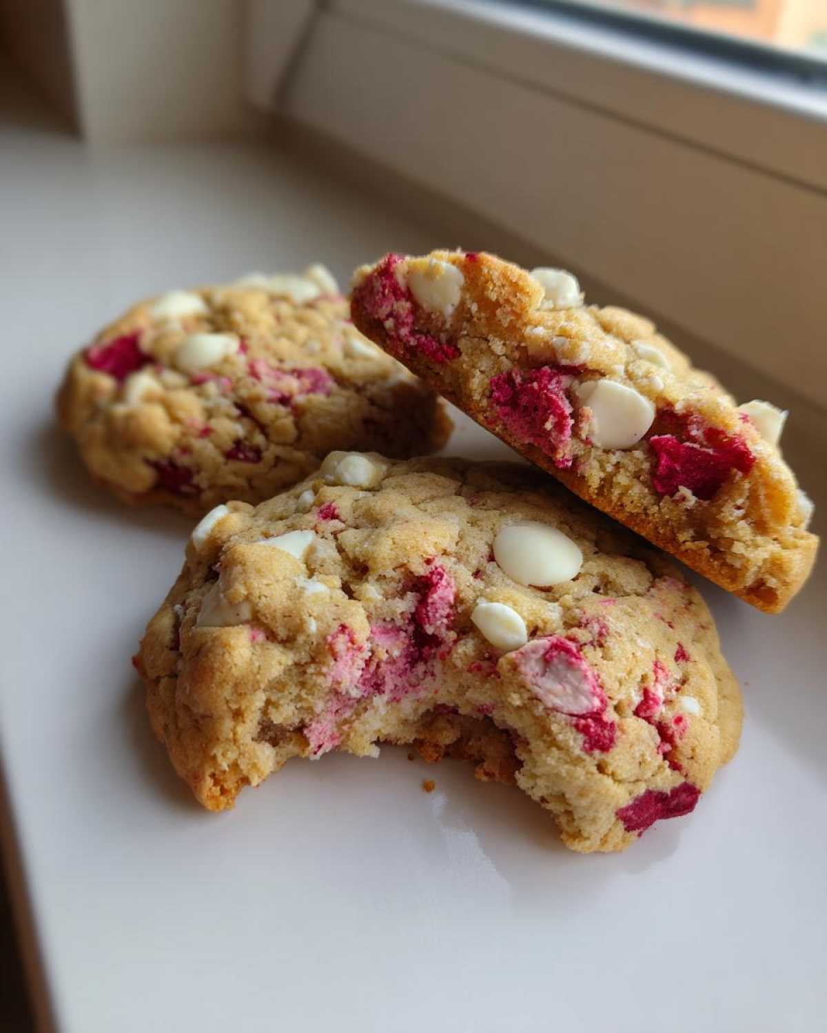 Three soft-baked white chocolate raspberry cookies, one broken in half to show the pink raspberry chunks inside.