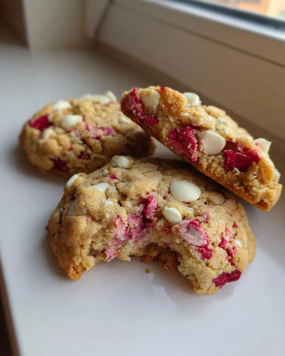 Three soft-baked white chocolate raspberry cookies, one broken in half to show the pink raspberry chunks inside.