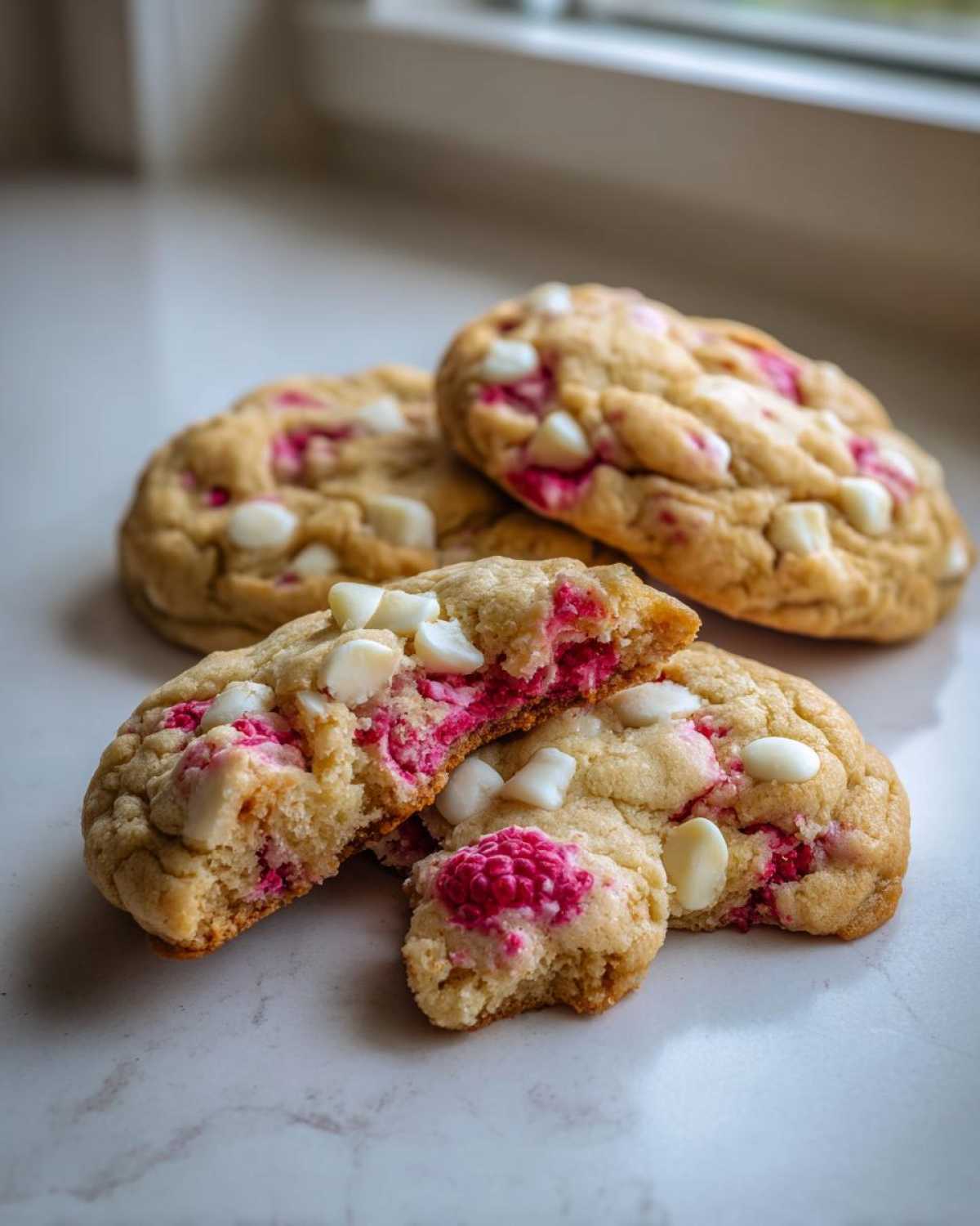 A close-up of soft white chocolate raspberry cookies, one broken in half showing the bright pink raspberry filling and white chocolate chips.