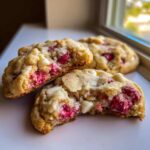 A close-up showing the soft, chewy interior of white chocolate raspberry cookies, loaded with bright red raspberries and white chocolate chips.