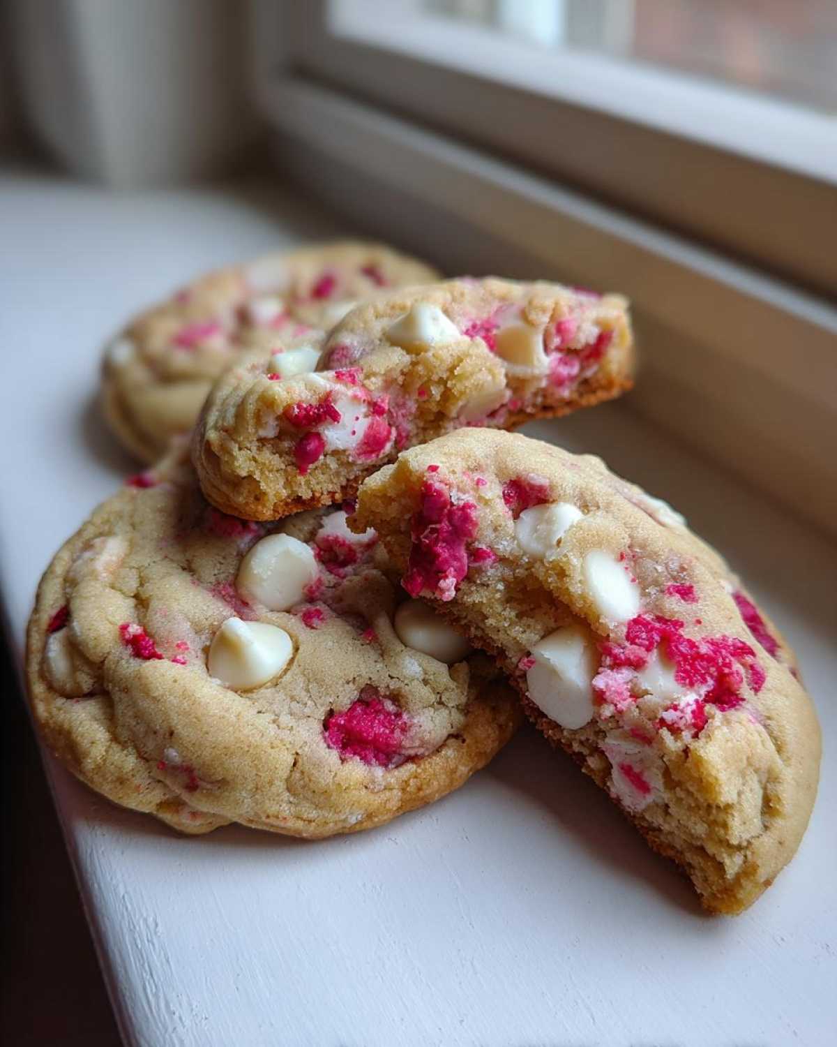 A stack of soft, chewy white chocolate raspberry cookies, one broken in half revealing the melted white chocolate chips and bright pink raspberry pieces.