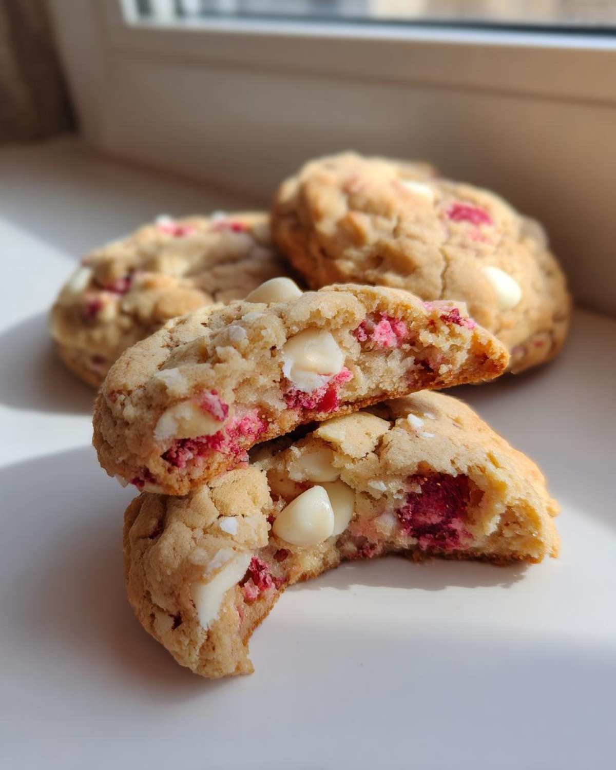 A close-up view of soft white chocolate raspberry cookies, one broken in half showing melted white chocolate chunks and bright pink raspberry pieces.