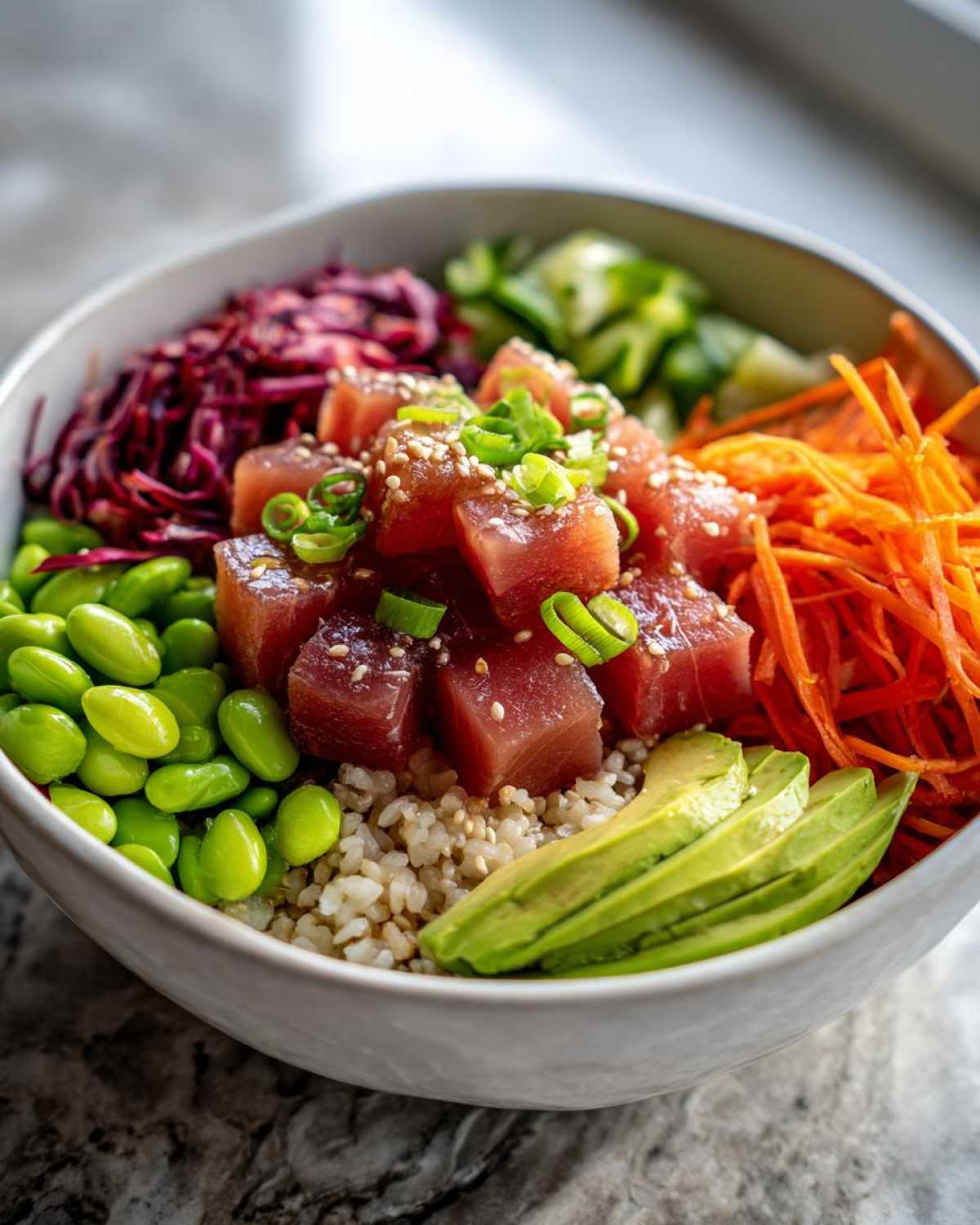A vibrant Ahi tuna poke bowl featuring cubes of marinated tuna, brown rice, edamame, avocado slices, shredded carrots, and cabbage.