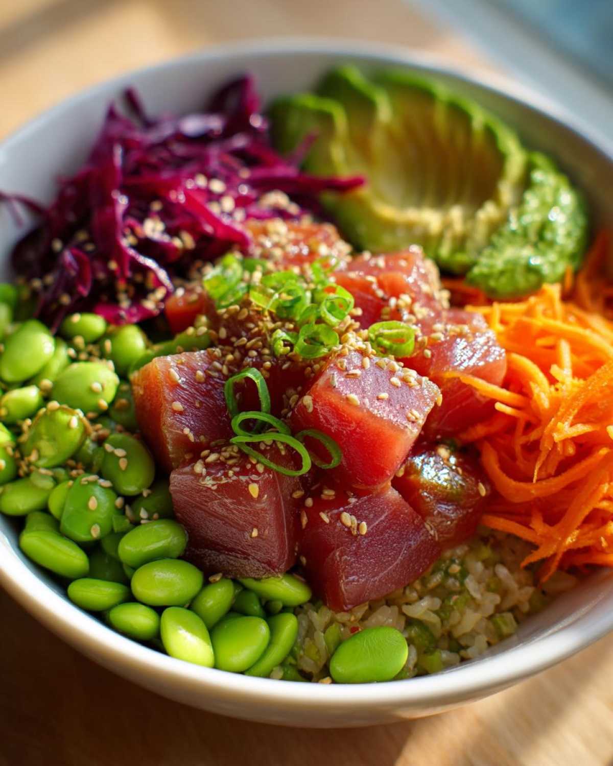 Close-up of a colorful Ahi tuna poke bowl featuring marinated tuna cubes, edamame, shredded carrots, avocado, and red cabbage.