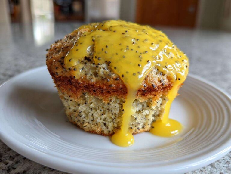 A close-up of an amazing Lemon poppy seed muffin topped with thick, bright yellow lemon glaze dripping down the sides.