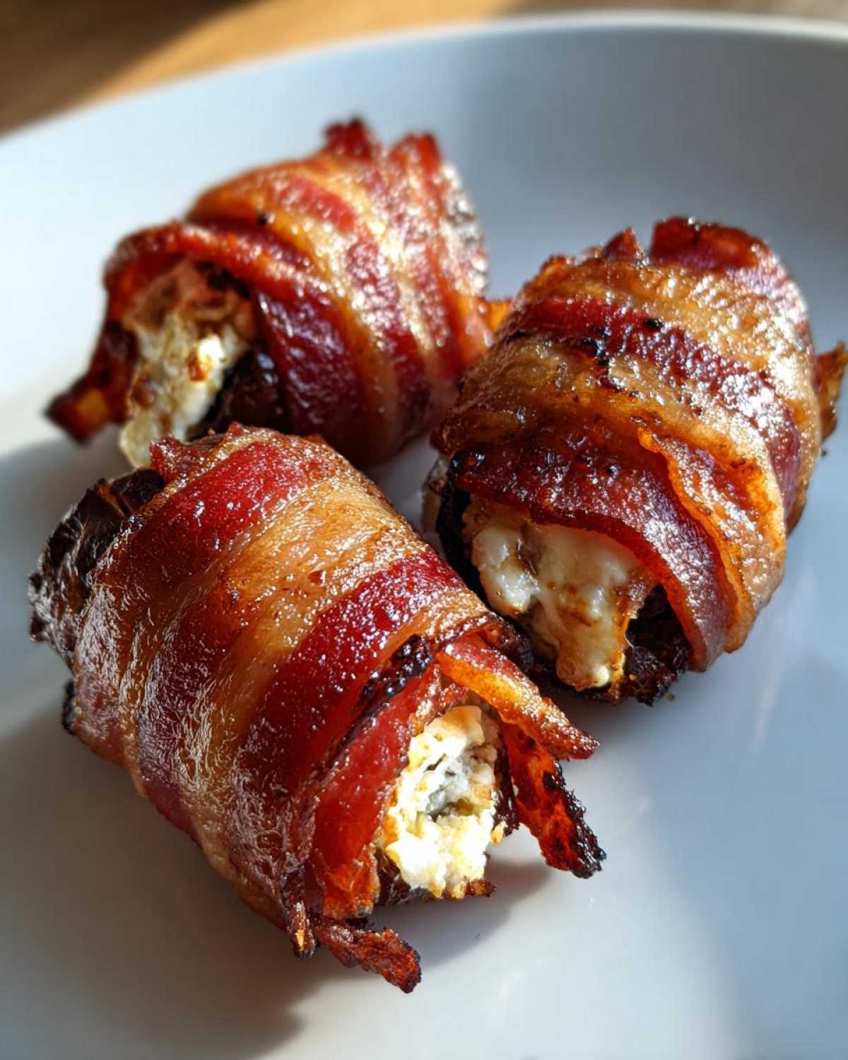 Close-up of three perfectly cooked bacon wrapped dates with goat cheese filling on a white plate.