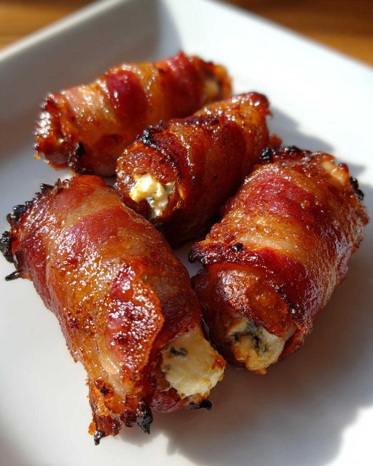 Four perfectly cooked bacon wrapped dates with goat cheese filling, served on a white plate.
