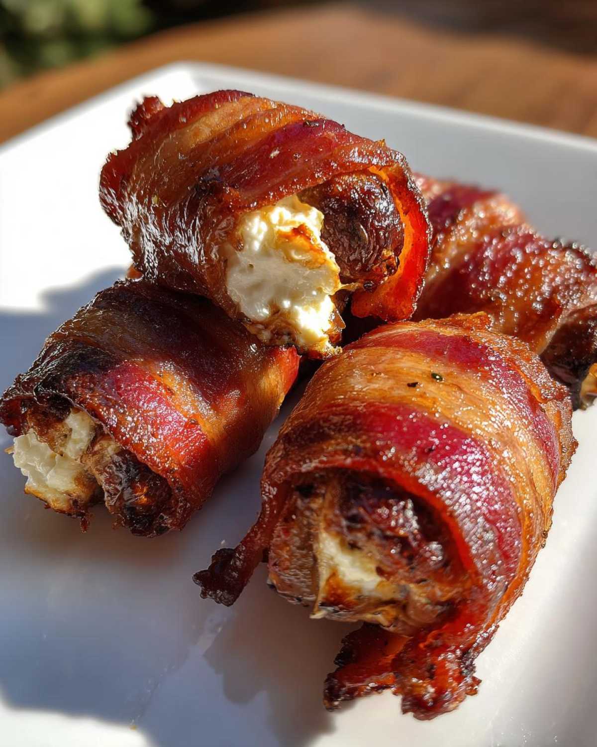 Close-up of crispy, glazed bacon wrapped dates stuffed with creamy goat cheese, ready to serve.
