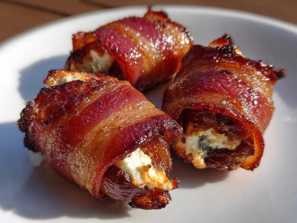 Three perfectly cooked bacon wrapped dates with goat cheese filling, glistening under the sun.