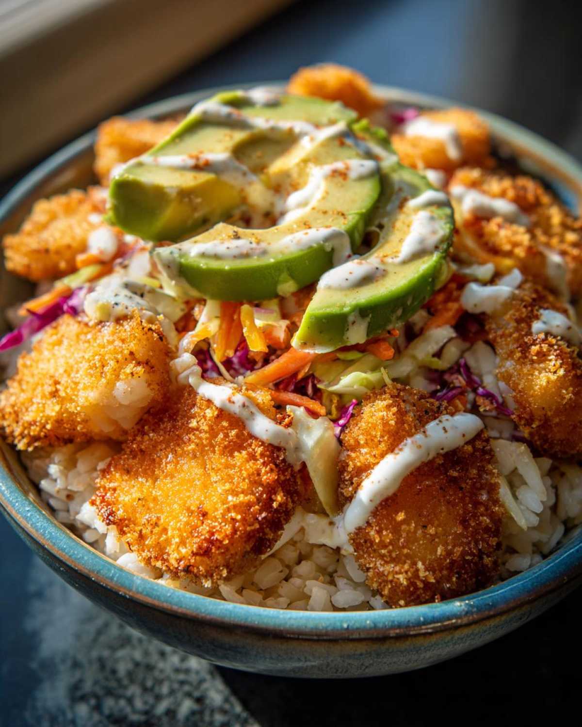 Close-up of a baja fish taco bowls featuring crispy fried fish pieces over rice, topped with slaw, avocado slices, and white sauce.