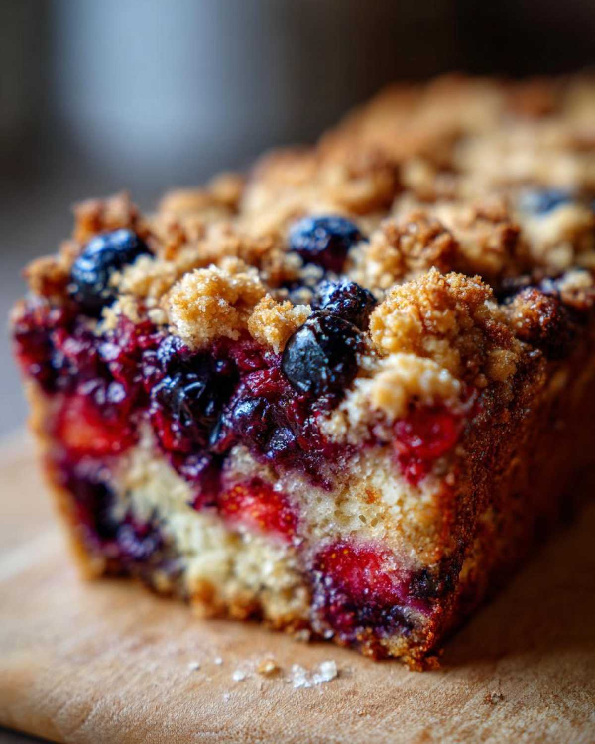 A close-up, cross-section view of a slice of Berry French toast bake showing layers of bread, mixed berries, and a crumbly streusel topping.