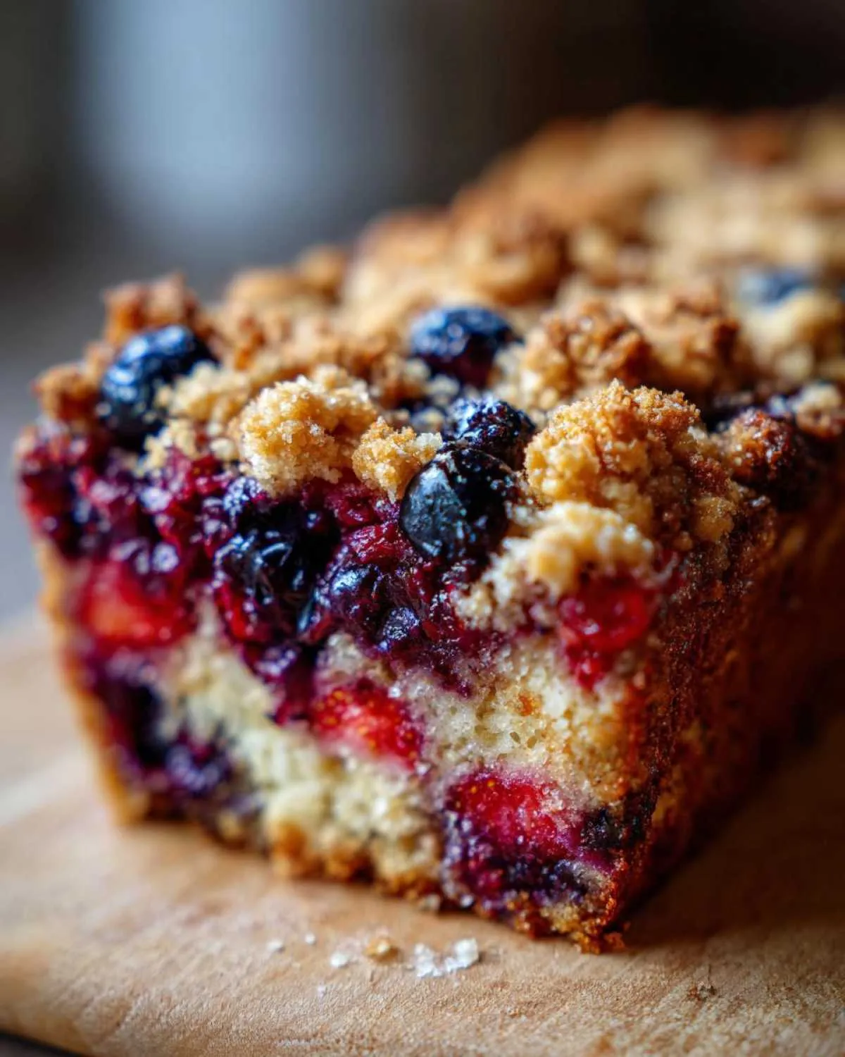 A close-up, cross-section view of a slice of Berry French toast bake showing layers of bread, mixed berries, and a crumbly streusel topping.