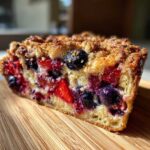 Close-up of a thick slice of Berry French toast bake showing layers of bread, mixed berries, and a golden crumb topping.