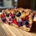 Close-up of a thick slice of Berry French toast bake showing layers of bread, mixed berries, and a golden crumb topping.