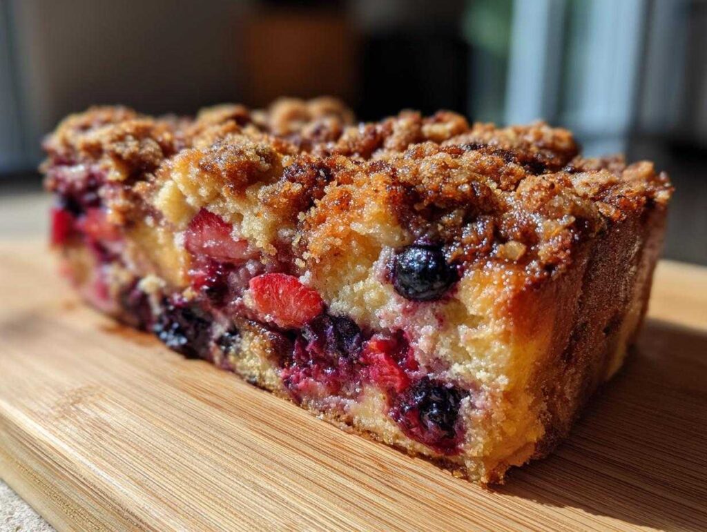 Close-up of a thick slice of Berry French toast bake showing layers of fruit and a crunchy brown sugar streusel topping.