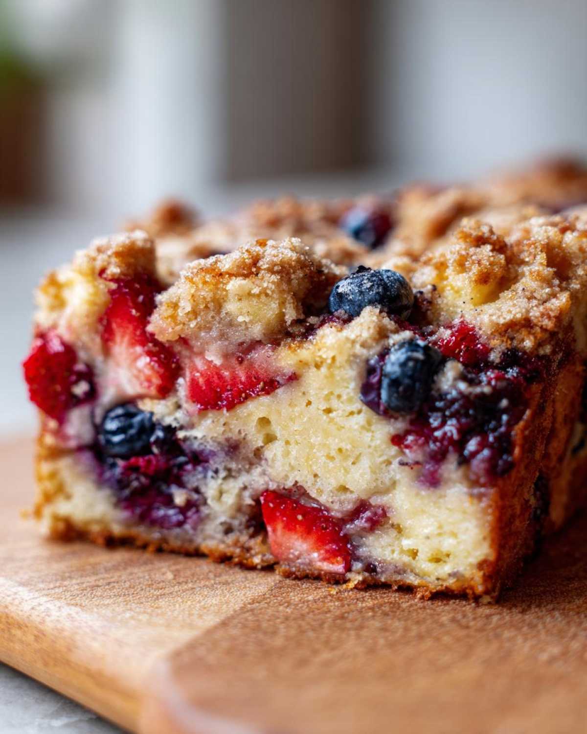 Close-up of a moist slice of Berry French toast bake featuring strawberries, blueberries, and a sugary crumble topping.
