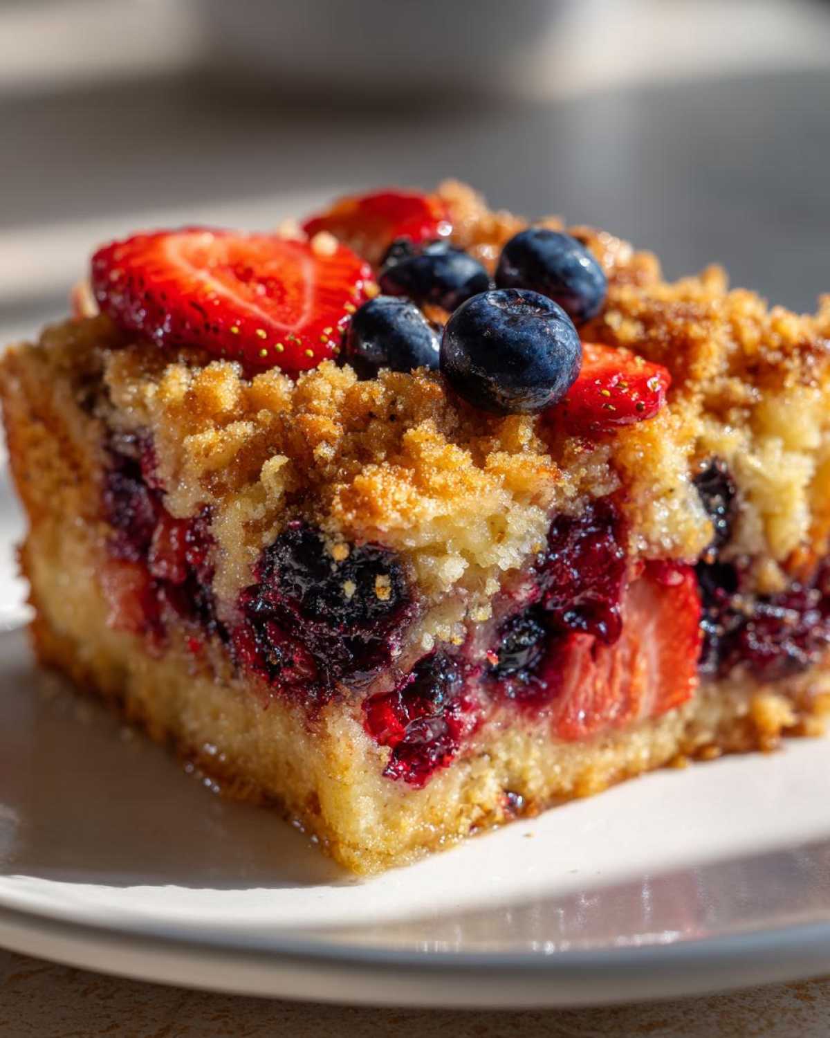 Close-up of a slice of Berry French toast bake featuring strawberries, blueberries, and a golden crumble topping.