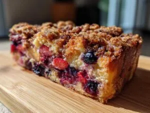 Close-up of a thick slice of Berry French toast bake showing layers of fruit and a crunchy brown sugar streusel topping.