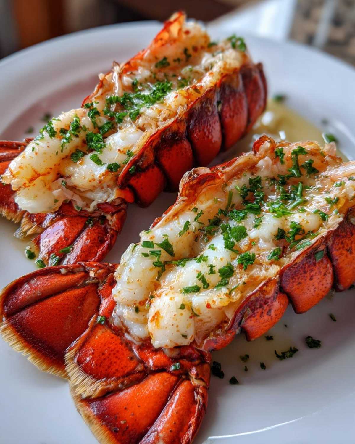 Two perfectly cooked broiled lobster tail halves, split open and topped with melted butter and fresh parsley.