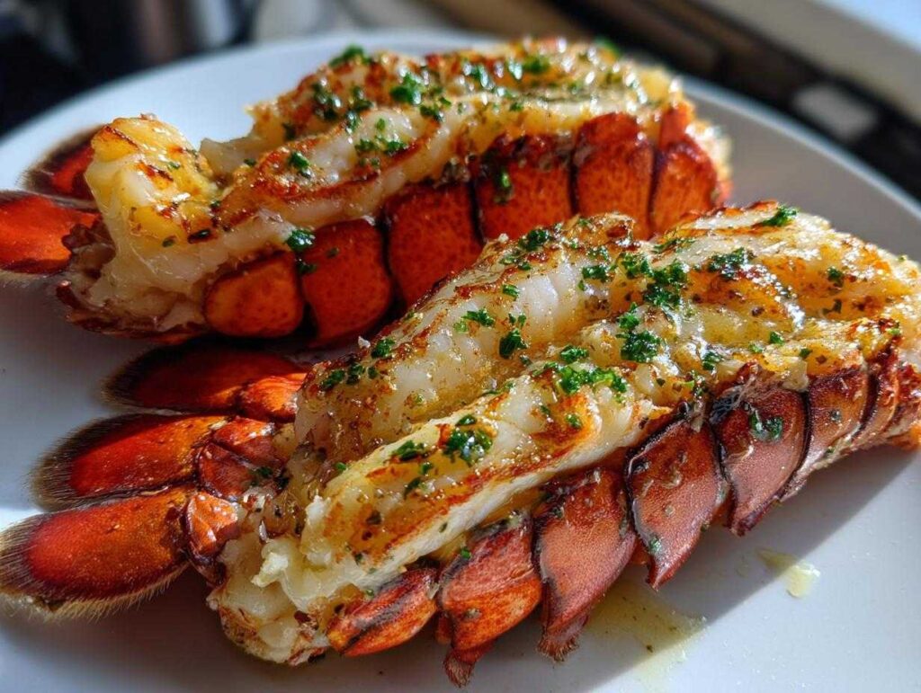 Two perfectly cooked broiled lobster tail halves, split open and topped with melted butter and fresh parsley.