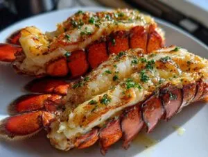 Two perfectly cooked broiled lobster tail halves, split open and topped with melted butter and fresh parsley.