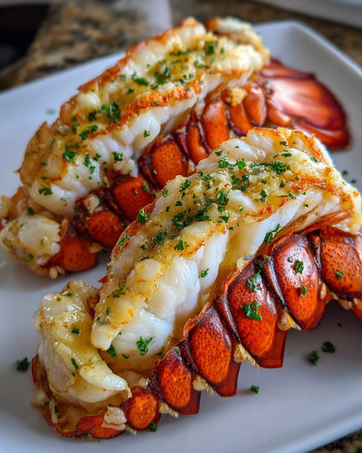 Two succulent broiled lobster tail halves, split and topped with melted butter and parsley.