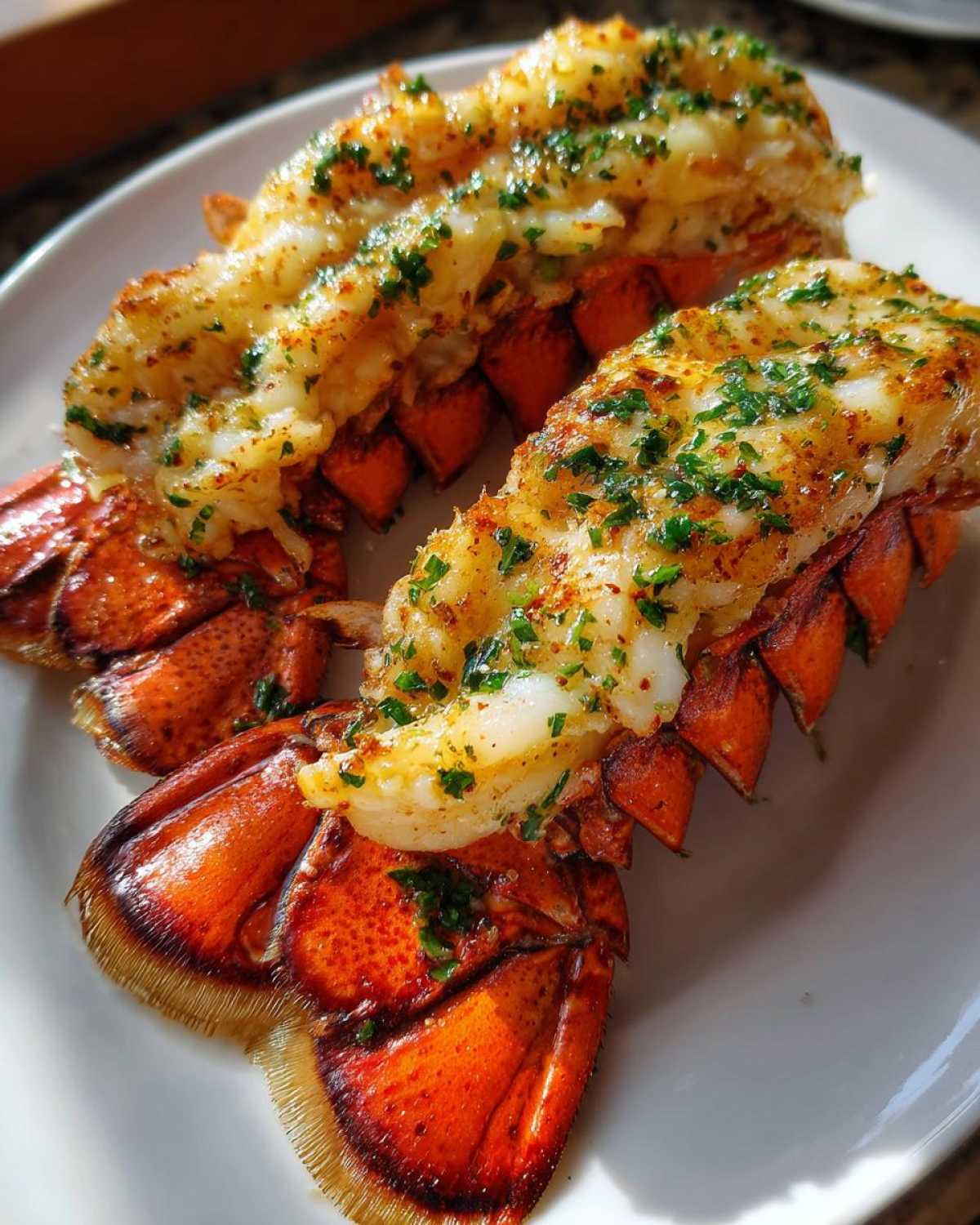 Two succulent broiled lobster tails, split and topped with melted butter and parsley.