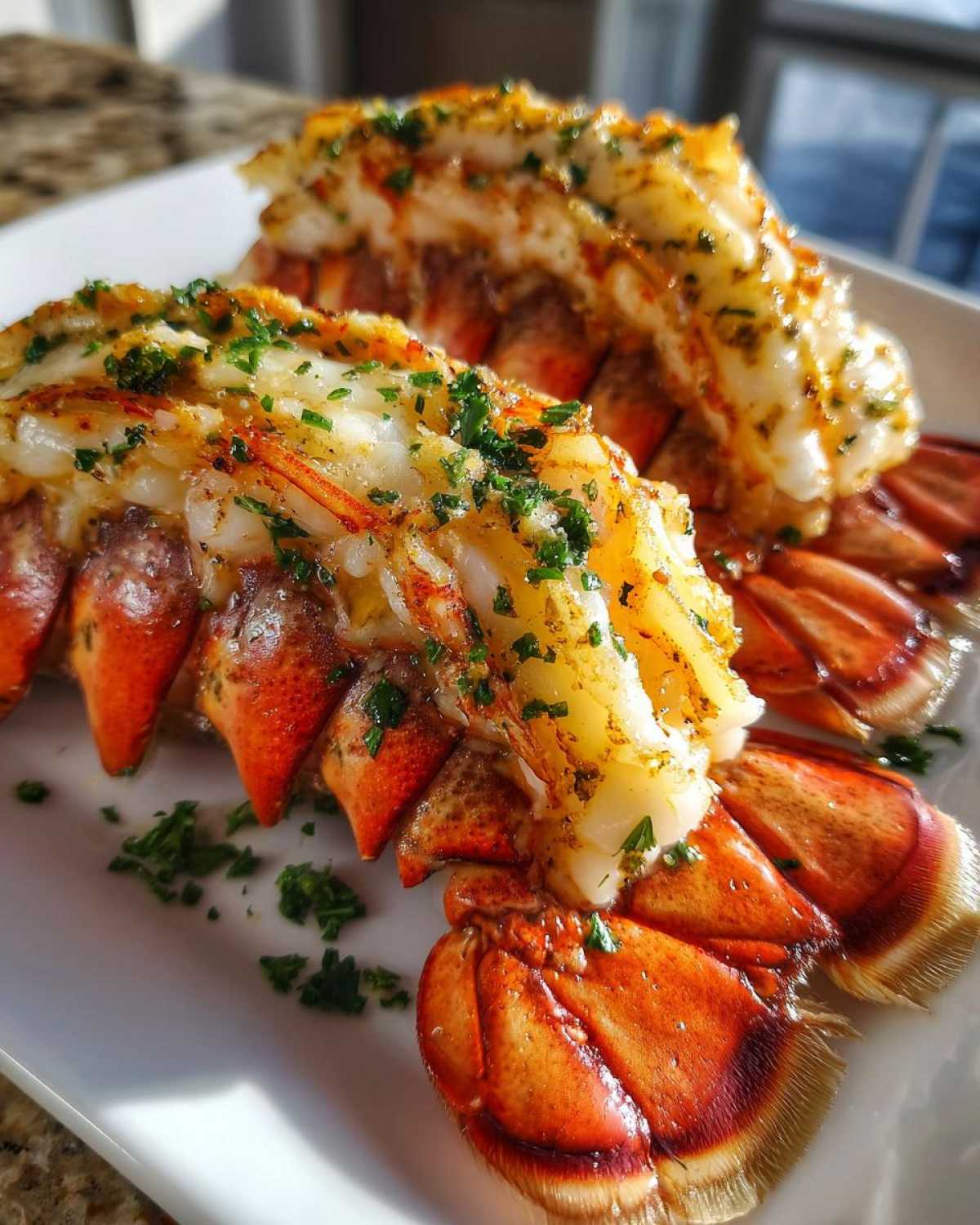 Two succulent broiled lobster tail halves, split open and topped with melted butter and fresh parsley.