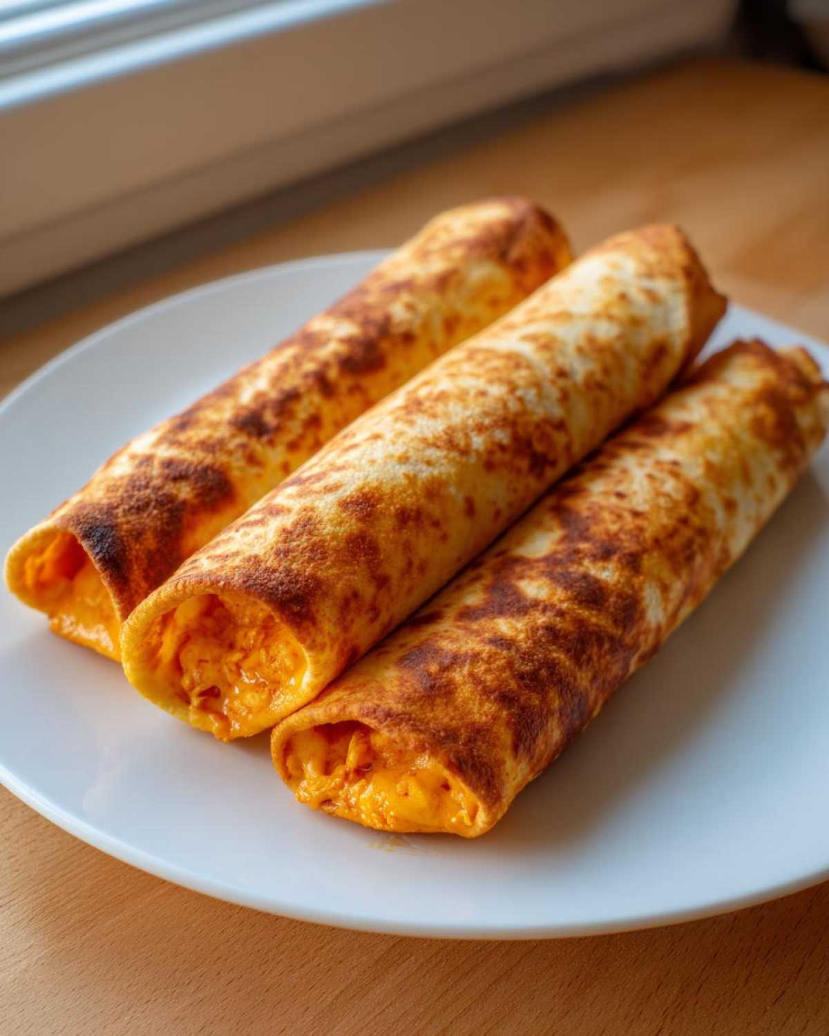 Three golden-brown, crispy Buffalo chicken taquitos filled with orange cheese mixture, served on a white plate.
