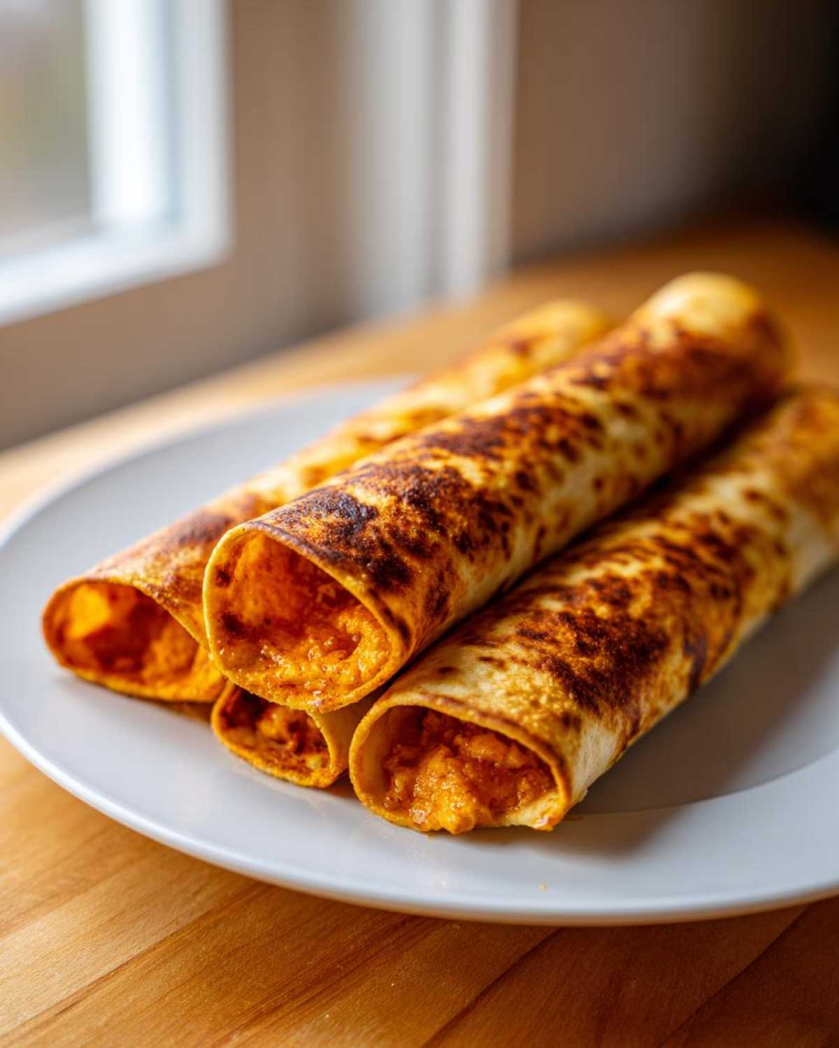 Close-up of four crispy, golden brown Buffalo chicken taquitos filled with orange mixture, served on a white plate.