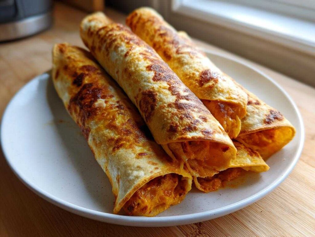 Four golden brown, rolled Buffalo chicken taquitos stacked on a white plate, showing the orange filling peeking out.