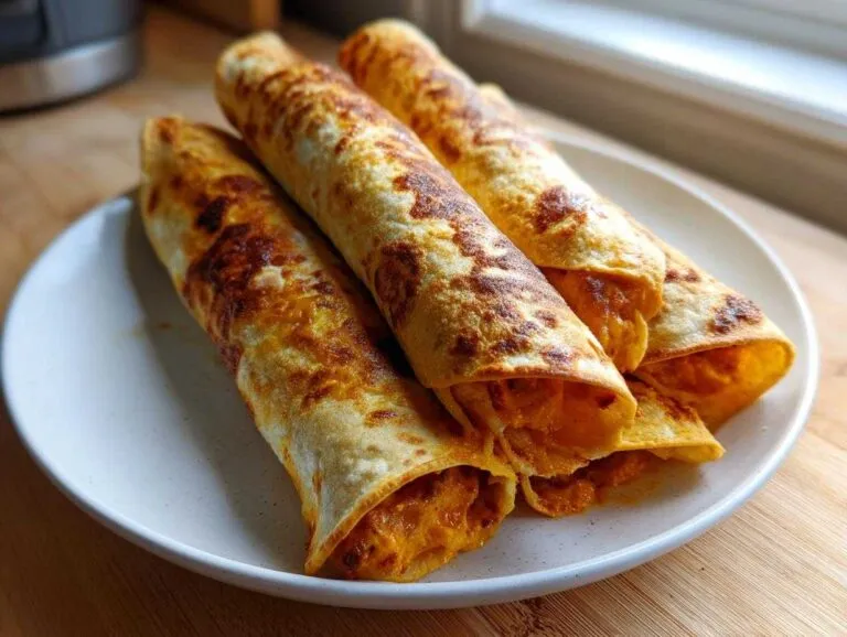 Four golden brown, rolled Buffalo chicken taquitos stacked on a white plate, showing the orange filling peeking out.