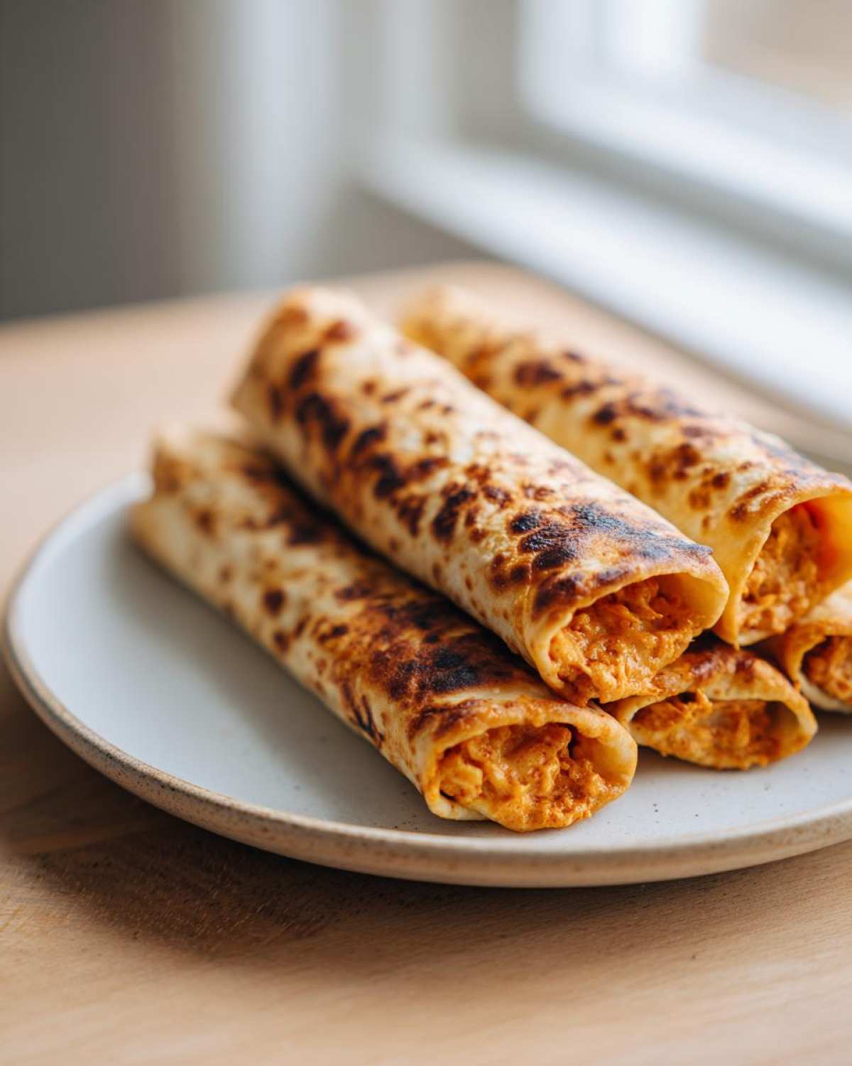 A stack of golden, slightly charred Buffalo chicken taquitos filled with creamy orange mixture, resting on a light gray plate.