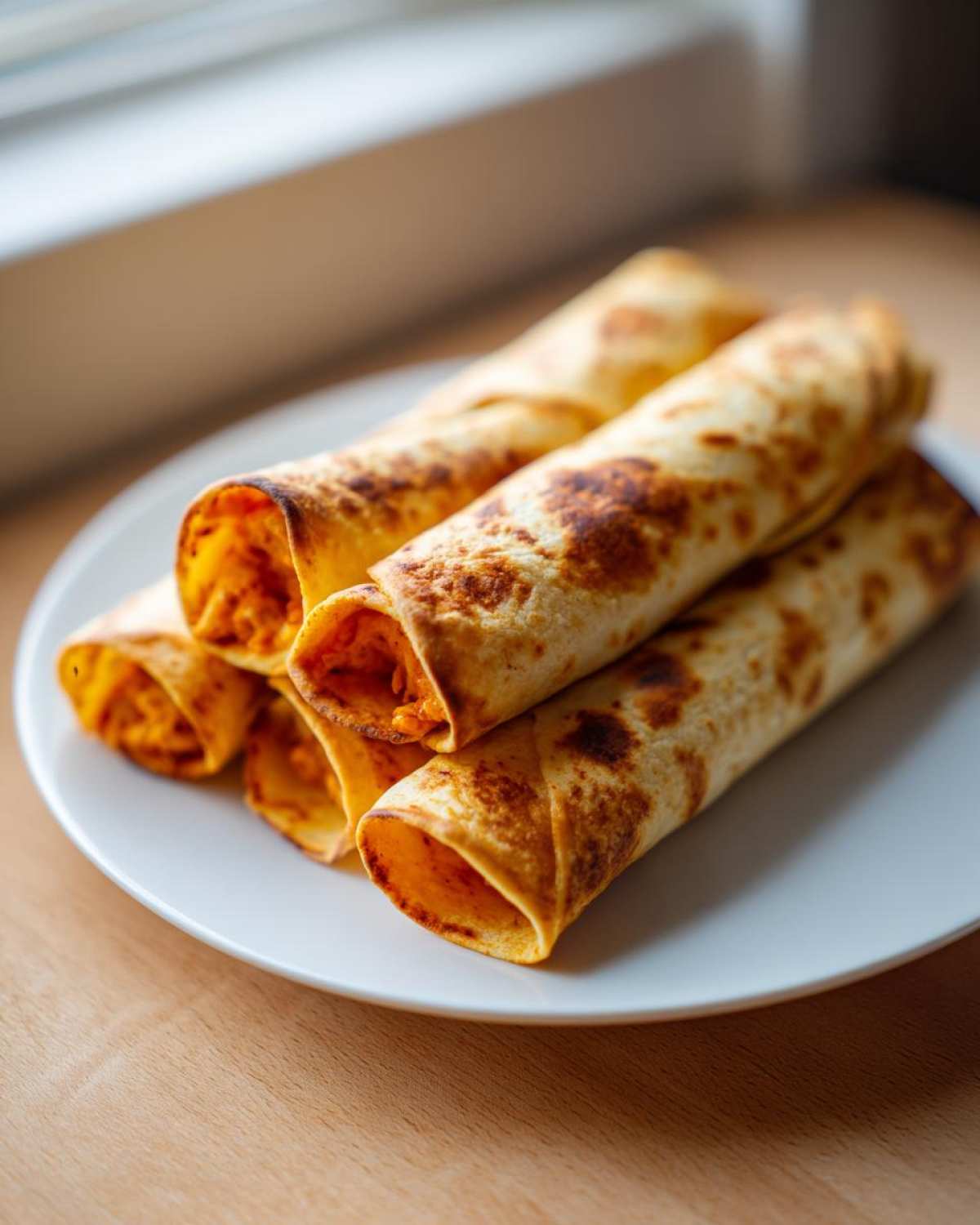 A stack of freshly cooked Buffalo chicken taquitos with slightly charred tortillas served on a white plate.