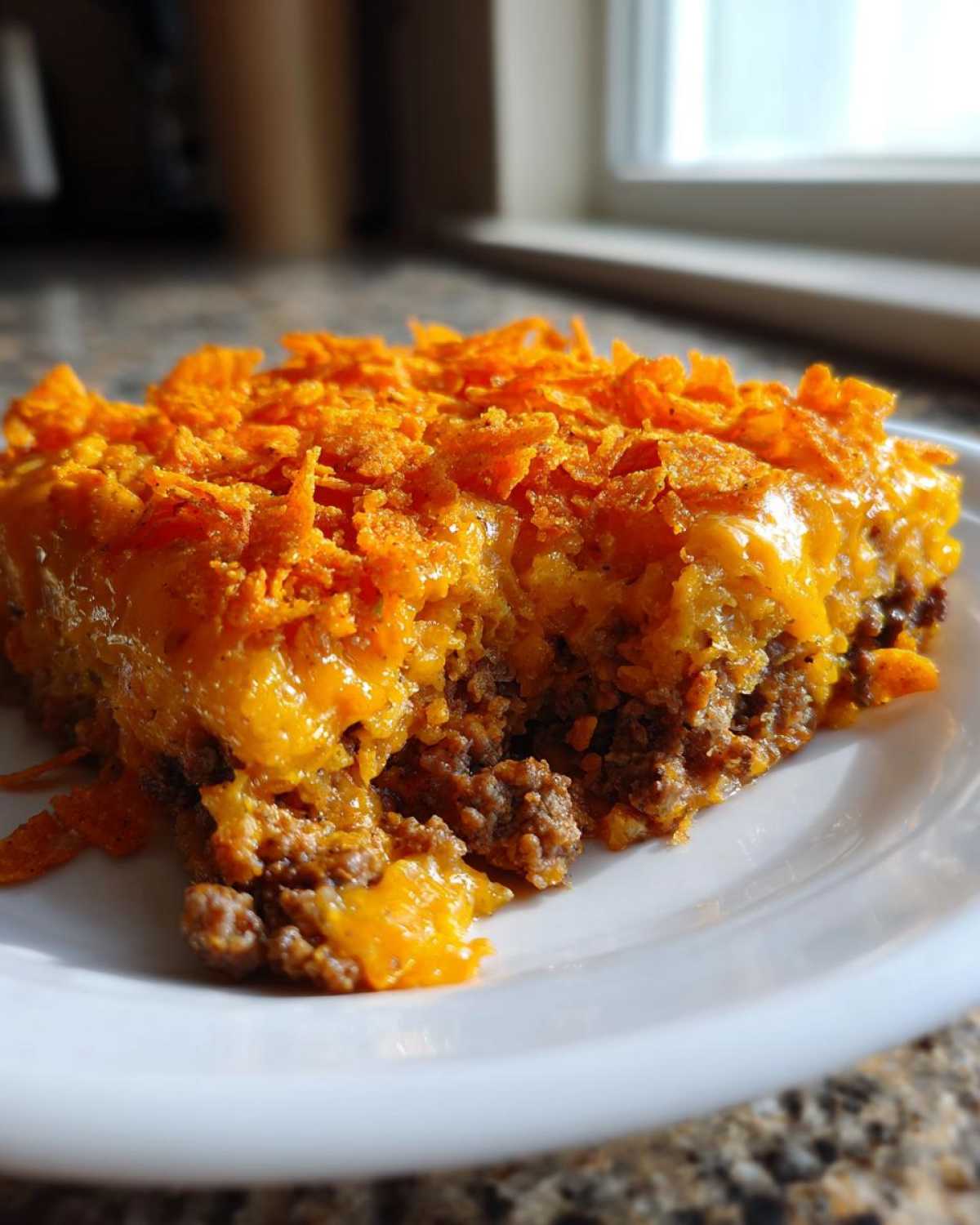 A close-up serving of Cheesy Dorito casserole featuring ground meat, melted cheese, and a crunchy Dorito topping.