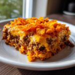 A generous serving of Cheesy Dorito casserole featuring ground meat, melted cheese, and a topping of crushed chips.