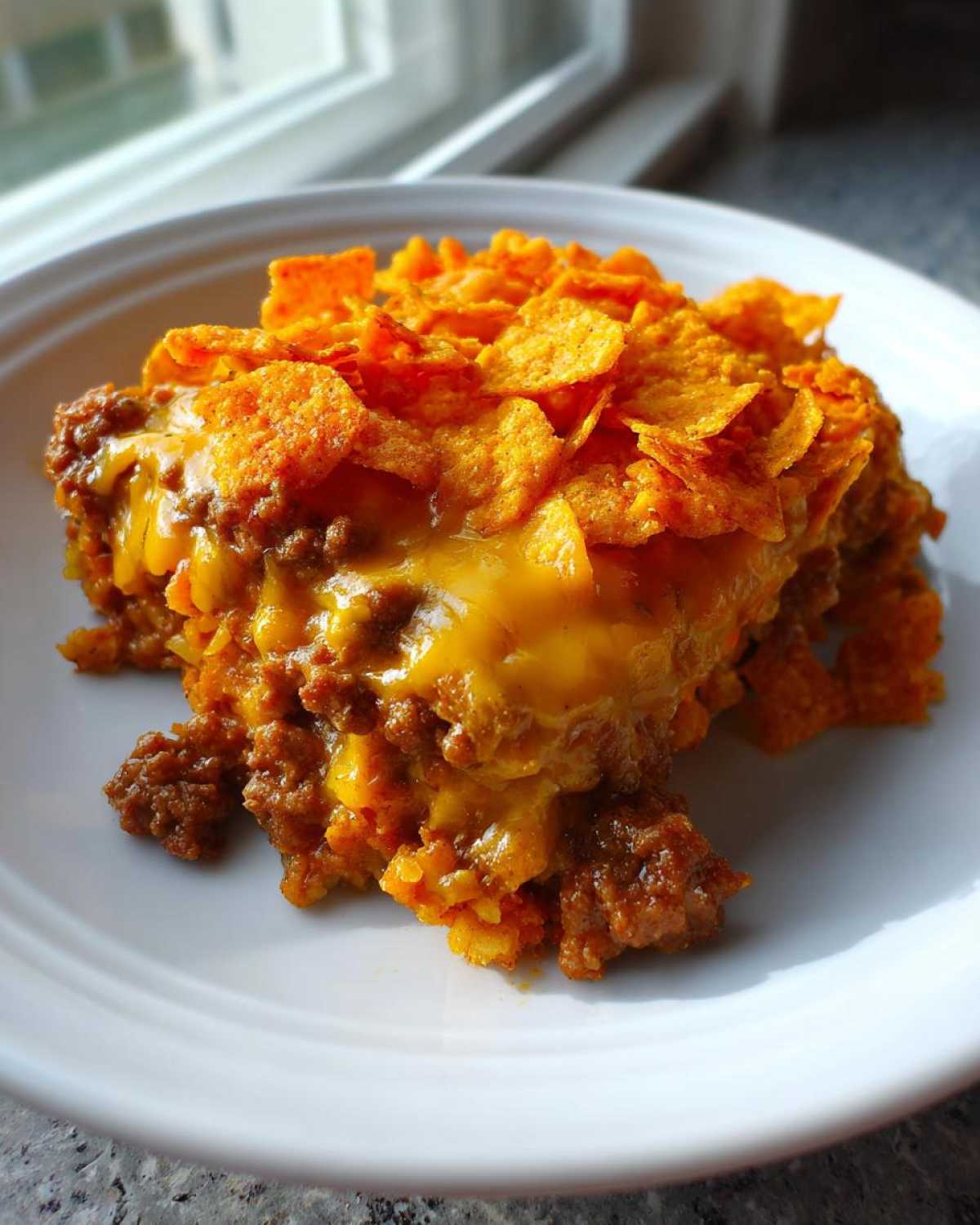 A close-up serving of Cheesy Dorito casserole topped with melted cheddar and crushed chips.