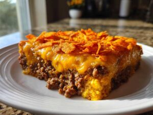 A close-up serving of Cheesy Dorito casserole featuring ground meat, melted cheese, and a crunchy Dorito topping.