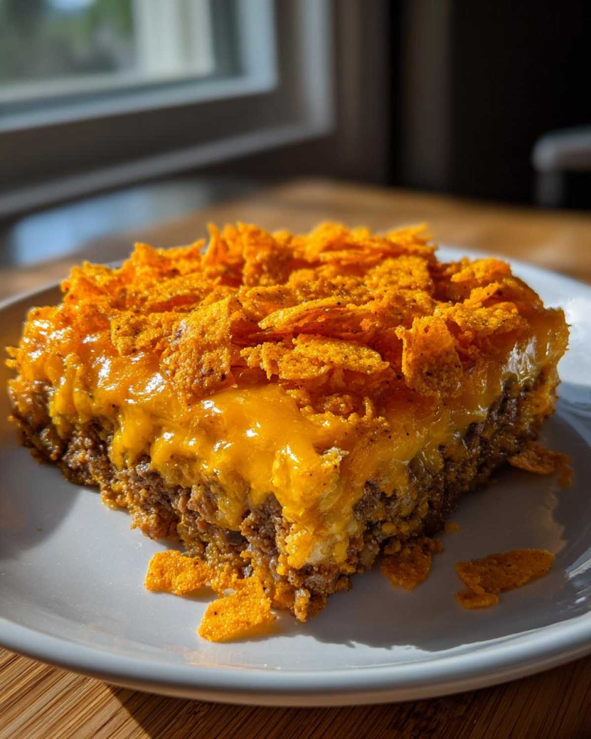 A square slice of Cheesy Dorito casserole featuring a ground meat base, melted orange cheese, and a crunchy Dorito topping.