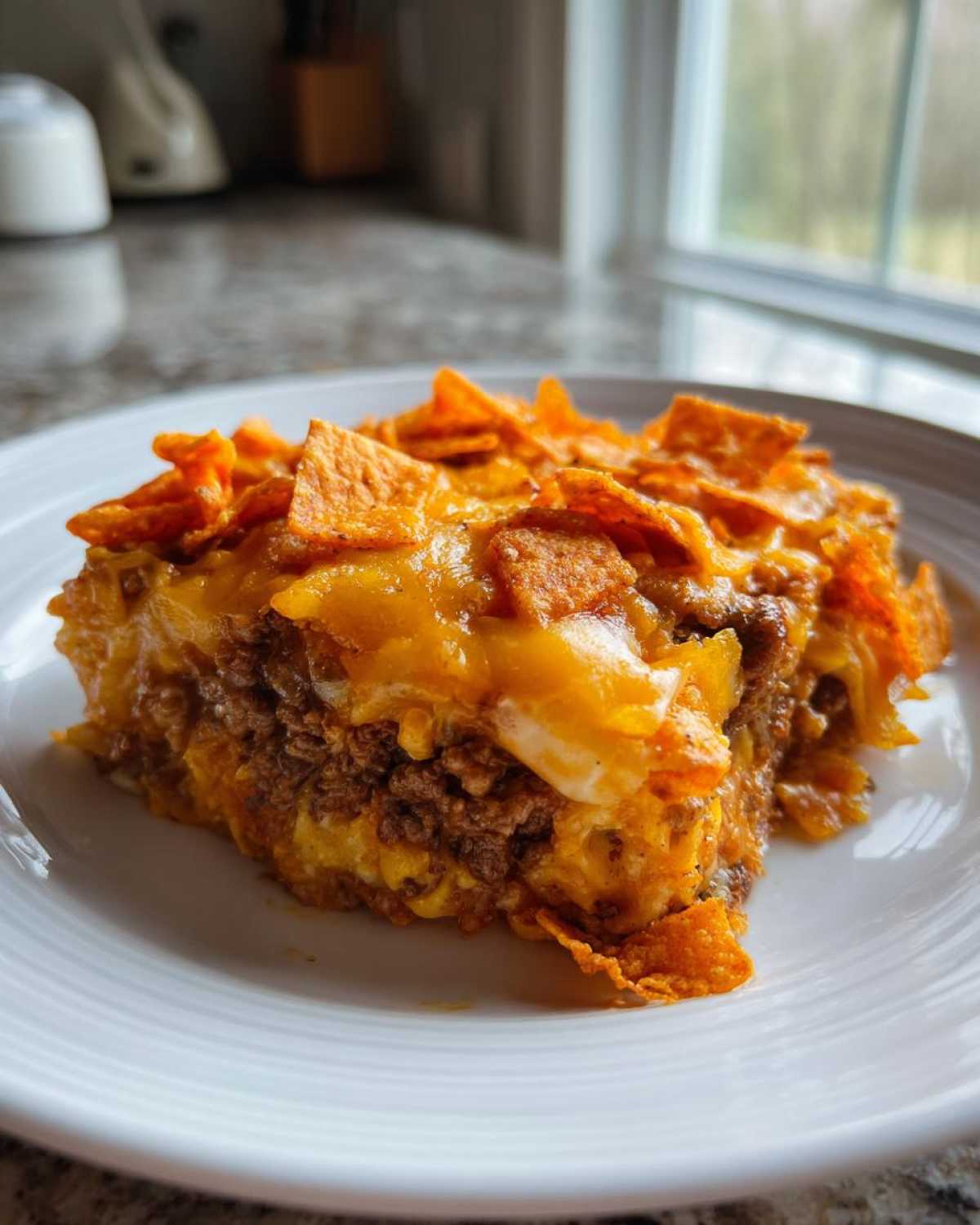 A close-up slice of Cheesy Dorito casserole featuring ground meat, melted cheese, and a crunchy Dorito topping on a white plate.