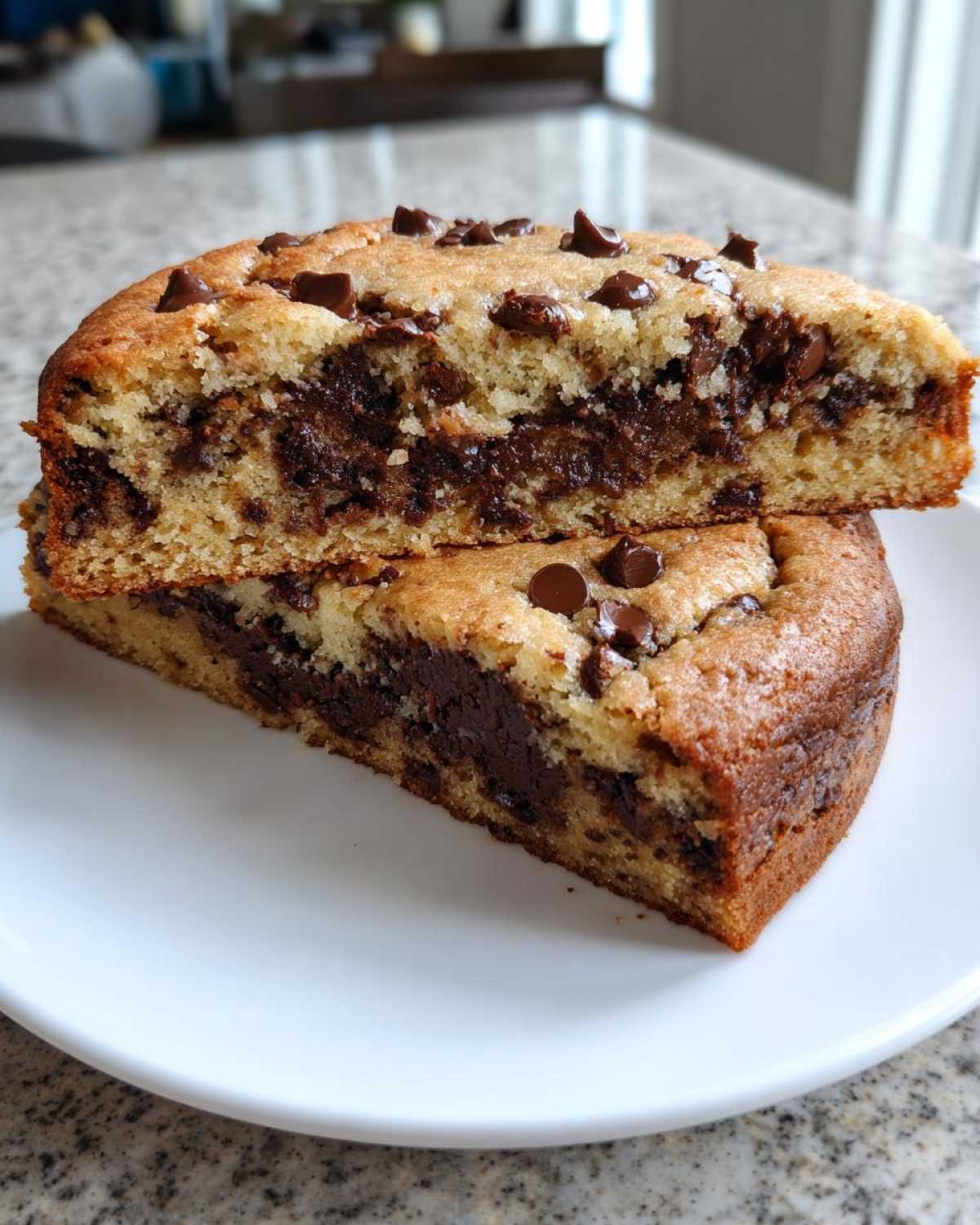 Two stacked slices showing the gooey center of the amazing chocolate chip cookie cake, topped with chips.
