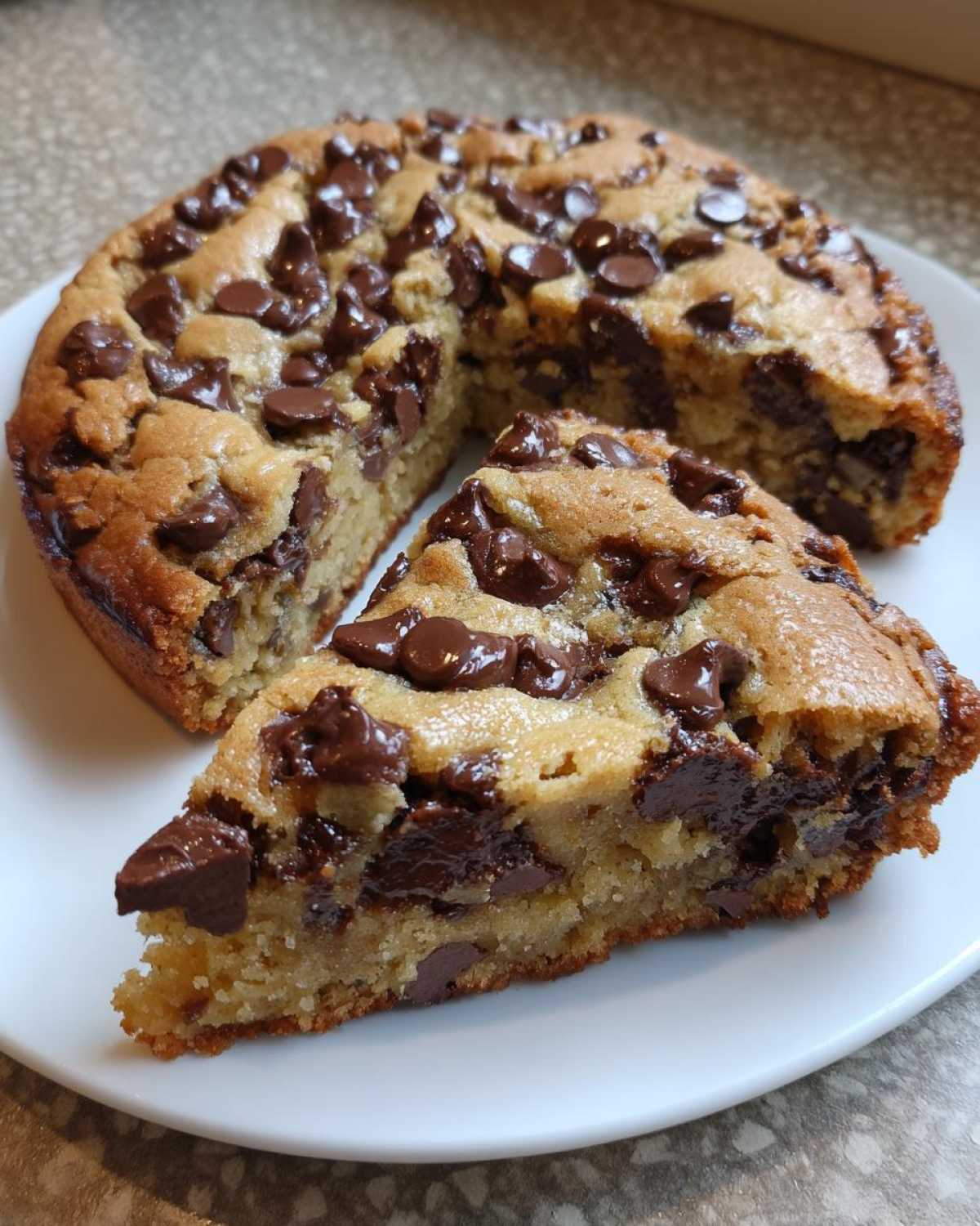 A close-up of a thick slice cut from a Chocolate Chip Cookie Cake, showing gooey melted chocolate chips.