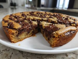 A thick, warm slice cut from a giant Chocolate chip cookie cake loaded with melted chocolate chips.